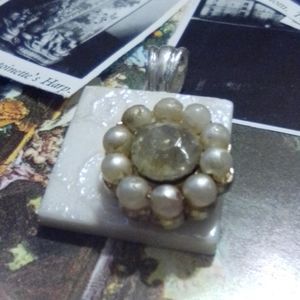 Faux Pearl Flower on White Tile Pendant